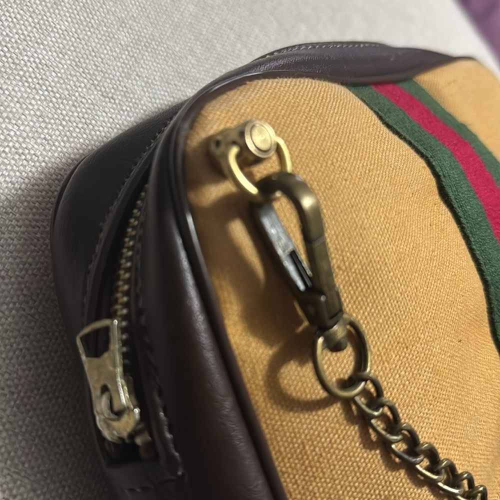 Converted Vintage Pouch-Tan Canvas-Red & Green Stripe Detail-Brassy Link Chain - Picture 4 of 17